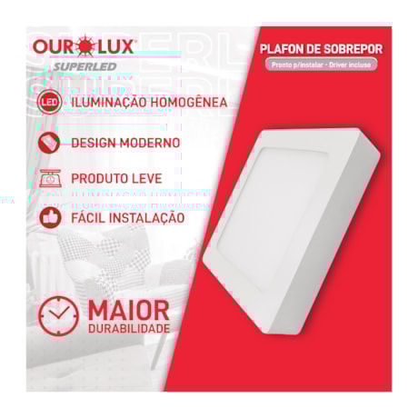 Plafon Superled para Sobrepor 36W Bivolt 6500K Branca Fria 400x400 Quadrado 03211 OUROLUX-5baa73a6-79c1-411f-a40b-33d70e180a2d