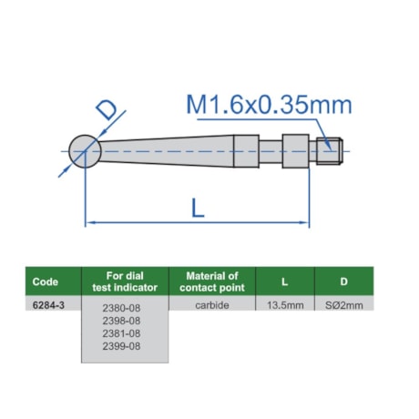 Ponta Relógio Apalpador 2mm x 16.5mm Metal Duro 6284-3 INSIZE