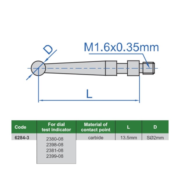 Ponta Relógio Apalpador 2mm x 16.5mm Metal Duro 6284-3 INSIZE-81ab5410-fb89-4416-b959-6bbcd708e50d