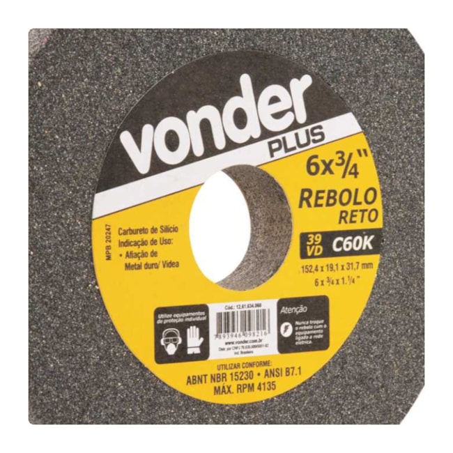 Rebolo Reto 6mm 3/4'' Grão 60 Médio 1261634060 VONDER-79439042-59b2-4c4c-8e3f-69151a427c2f