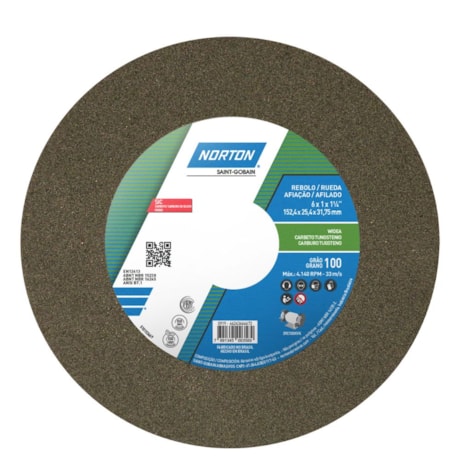 Rebolo Reto de Widia 6'' X 1'' X 1.1/4'' Grão 100 FE 39C 100K NORTON -55c85356-6773-45af-95df-4cff4951163f