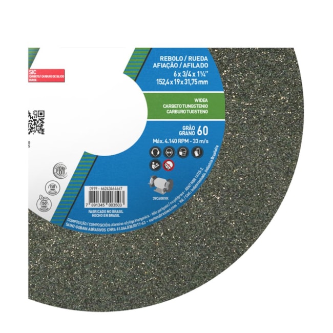Rebolo Reto de Widia 6'' X 3/4'' X 1.1/4'' Grão 60 FE 39C 60K NORTON-45bd0903-12bc-40ed-836f-cb518f70f884