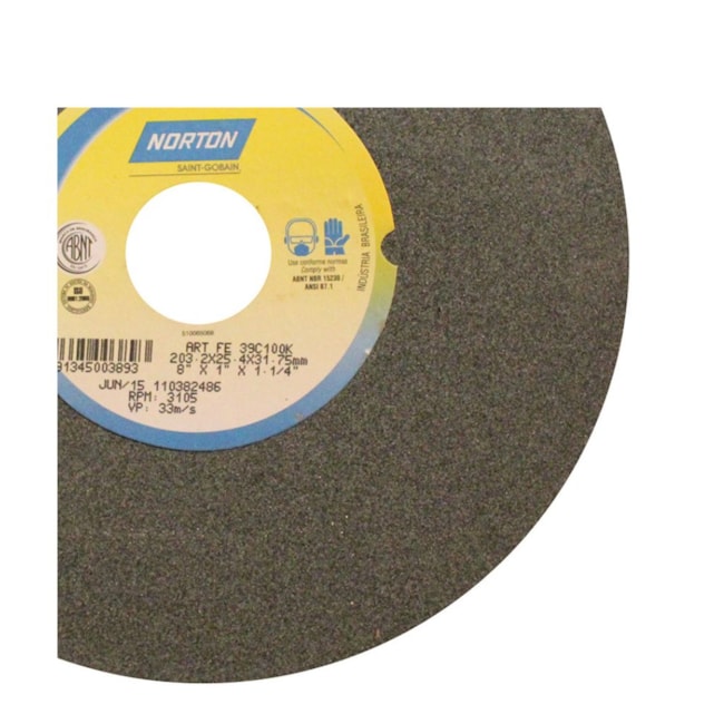 Rebolo Reto de Widia 8'' X 1'' X 1.1/4'' Grão 100 FE 39C 100K NORTON-500fe29e-3c81-4ae2-a02b-49e505724374