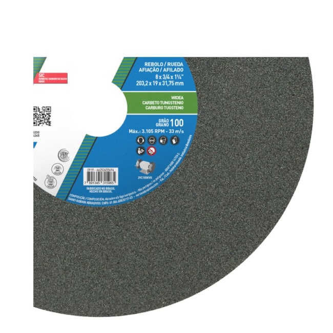 Rebolo Reto de Widia 8'' X 3/4'' X 1.1/4'' Grão 100 FE 39C 100K NORTON-5cf54d51-ba4c-44ef-936c-74ca25a432a9