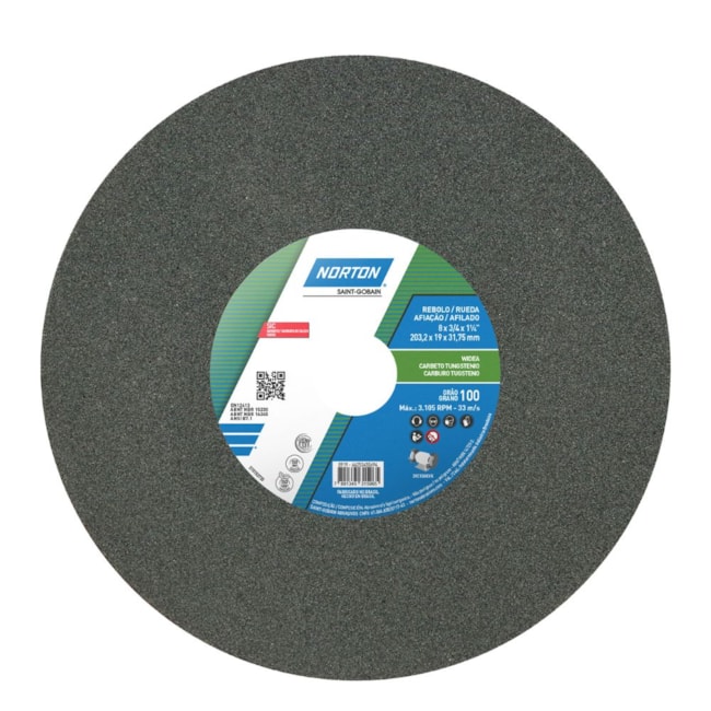 Rebolo Reto de Widia 8'' X 3/4'' X 1.1/4'' Grão 100 FE 39C 100K NORTON-55ab37df-985b-4858-9f71-b89bd0003604