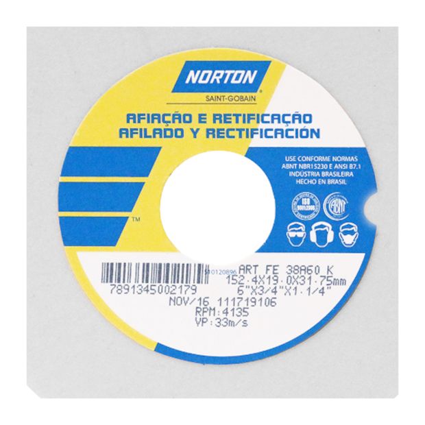 Rebolo Reto para Ferramentaria 6'' X 3/4'' X 1.1/4'' Grão 60 FE 38A 60K NORTON-e61166c0-22c3-4f3e-9221-8d1f9cafcd65