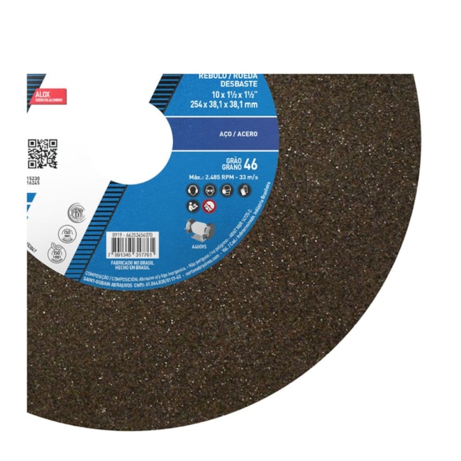 Rebolo Reto para Uso Geral 10'' X 1.1/2'' X 1.1/2'' Grão 46 ART A46 OVS NORTON-d42b735c-73a2-4eac-abfb-4f649d23414c