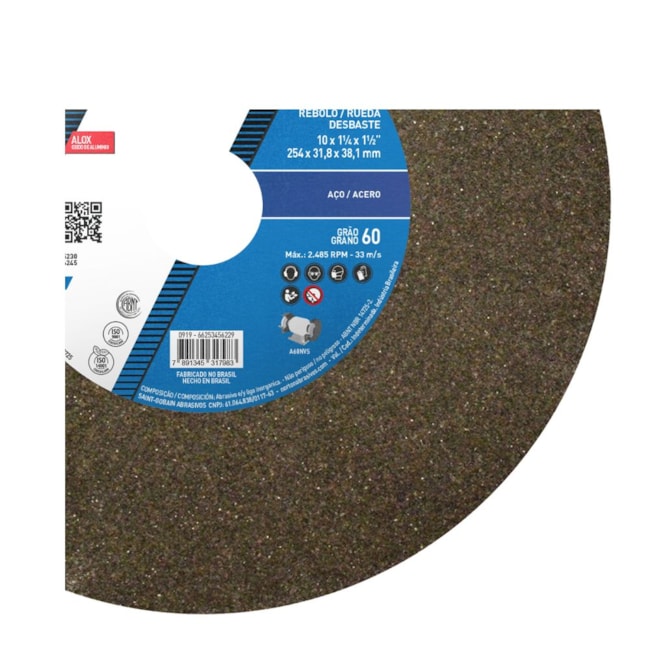 Rebolo Reto para Uso Geral 10'' X 1.1/4'' X 1.1/2'' Grão 60 ART A60 NVS NORTON-21464ab7-0448-4574-8061-94bcb5f8bca1