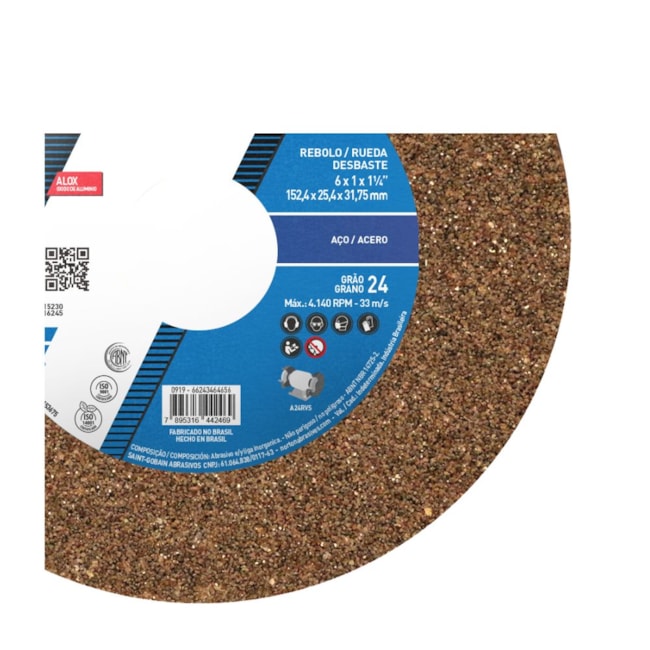 Rebolo Reto para Uso Geral 6'' X 1'' X 1.1/4'' Grão 24 ART A24 RVS NORTON-0b222e7c-45d8-45ec-88b4-c734bdca8205
