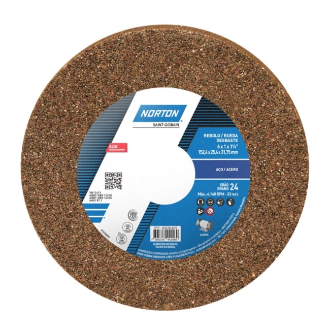 Rebolo Reto para Uso Geral 6'' X 1'' X 1.1/4'' Grão 24 ART A24 RVS NORTON-5df5b6ee-3aaf-48f7-a95c-10d3a930f171