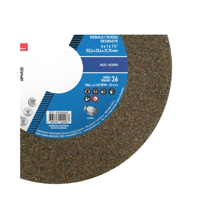 Rebolo Reto para Uso Geral 6'' X 1'' X 1.1/4'' Grão 36 ART A36 QVS NORTON-7ab0de89-35a1-4b51-b10d-1bbae0ca1a44