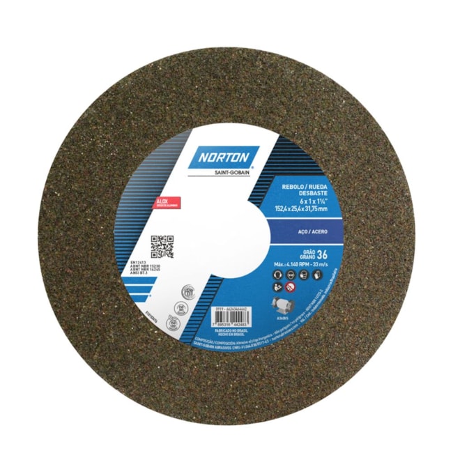 Rebolo Reto para Uso Geral 6'' X 1'' X 1.1/4'' Grão 36 ART A36 QVS NORTON-843fe8f8-2124-406e-88cb-871b30085595