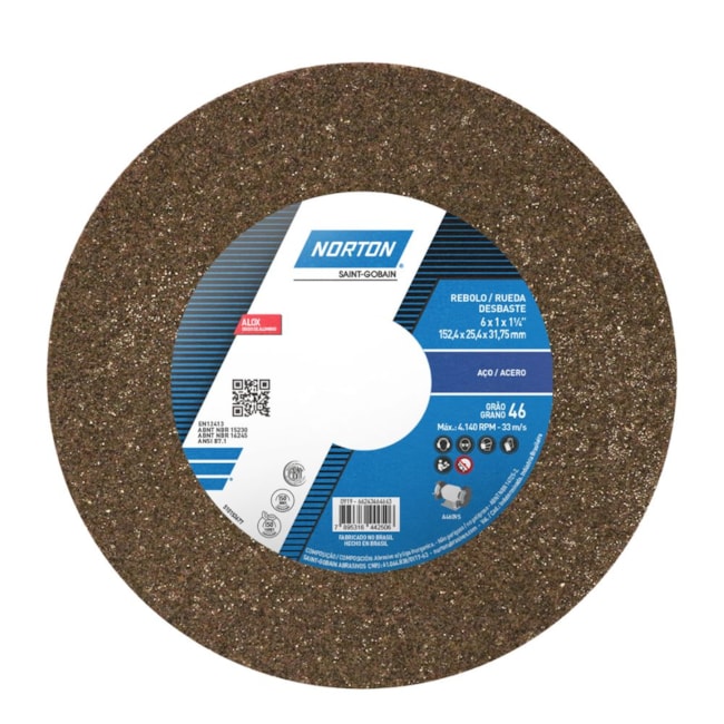 Rebolo Reto para Uso Geral 6'' X 1'' X 1.1/4'' Grão 46 ART A46 OVS NORTON-97ea60f8-fd7a-44cc-95b6-9b87d1d183ee