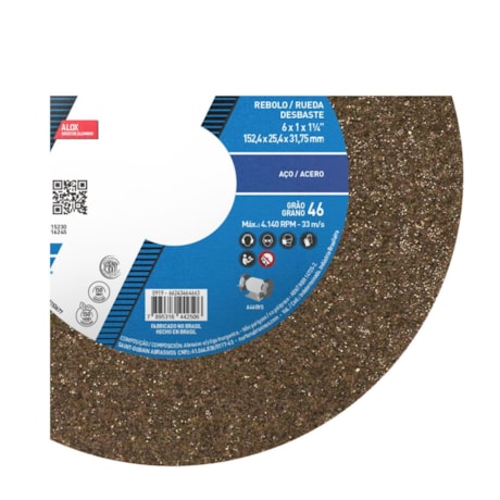 Rebolo Reto para Uso Geral 6'' X 1'' X 1.1/4'' Grão 46 ART A46 OVS NORTON-be92dda4-7551-4f4d-8ef6-ad71fe3c9578