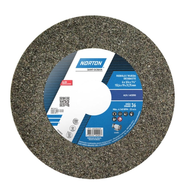Rebolo Reto para Uso Geral 6'' X 3/4'' X 1.1/4'' Grão 36 ART A36 QVS NORTON -e385e429-4a62-4435-8e20-cf7c666c72a9