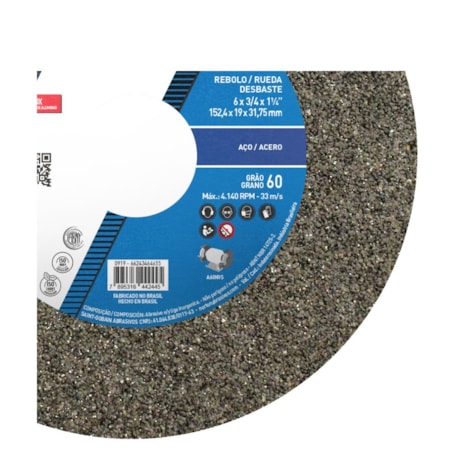 Rebolo Reto para Uso Geral 6'' X 3/4'' X 1.1/4'' Grão 60 ART A60 NVS NORTON-3996ba16-5900-4e48-ae7f-65c03c24264b