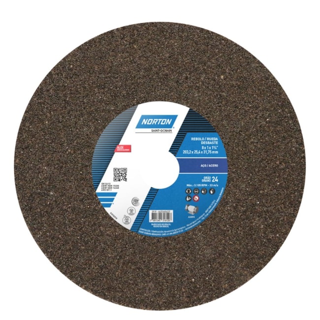 Rebolo Reto para Uso Geral 8'' X 1'' X 1.1/4'' Grão 24 ART A24 RVS NORTON-a2329d75-d1df-4588-9261-81bf7d49c451