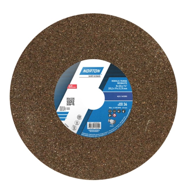 Rebolo Reto para Uso Geral 8'' X 3/4'' X 1.1/4'' Grão 36 ART A36 QVS NORTON-85eee4ad-4ca6-4858-8af5-5e66bca1dced