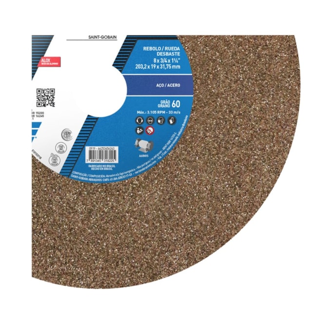 Rebolo Reto para Uso Geral 8'' X 3/4'' X 1.1/4'' Grão 60 ART A60 NVS NORTON-52f7c01d-a701-495a-b295-4527bae1fbe3