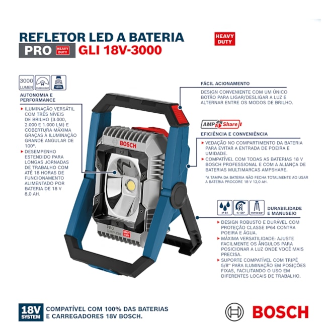 Refletor LED à Bateria 18V sem Bateria e sem Carregador com Suporte 06014A81E0 GLI 18V-3000 BOSCH-edfbd546-012d-4373-86cf-8f531174ec00