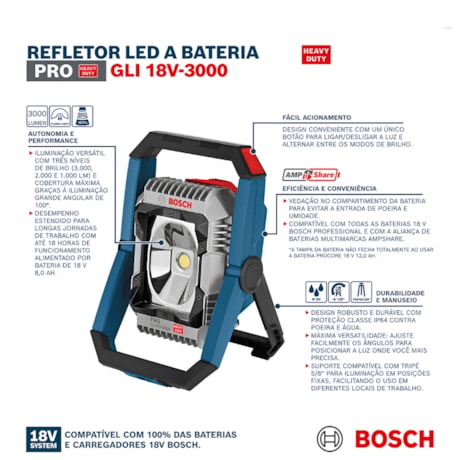 Refletor LED à Bateria 18V sem Bateria e sem Carregador com Suporte 06014A81E0 GLI 18V-3000 BOSCH-c74dbd5b-6e5e-43dc-a37d-c1c1eed02936