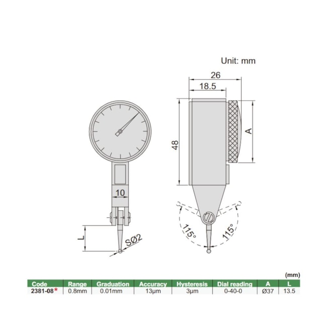 Relógio Apalpador 0.8mm 0.01mm 2381-08 INSIZE-1e77b479-c84a-4fe5-84b1-dbe3716842c0