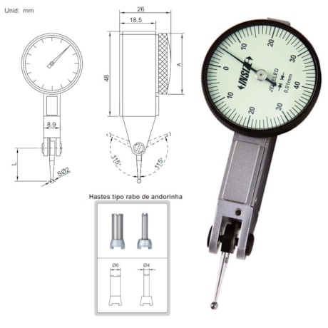 Relógio Apalpador de Alta Precisão 0,8mm 0,01mm 2380-08 INSIZE-d0443202-7e4a-4f63-835b-c7d9dcf98dd4