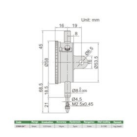 Relógio Comparador 5mm 0.01mm 2308-5A INSIZE