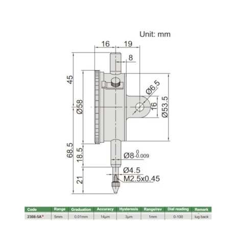 Relógio Comparador 5mm 0.01mm 2308-5A INSIZE-3832c36a-0157-4147-af13-6bc91134149d