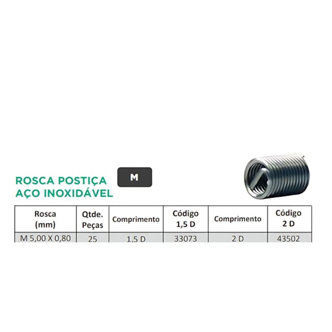 Rosca Postiça Helicoil M 5,00 x 0,80 x 1,5D 33073 HT-35ef82b8-57fe-41e1-bb13-02c1b0637f4f