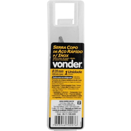 Serra Copo de Aço Rápido 20mm para Inox 3511100020 VONDER-a2fa5a68-b264-4e49-abd7-31e78526c1fe