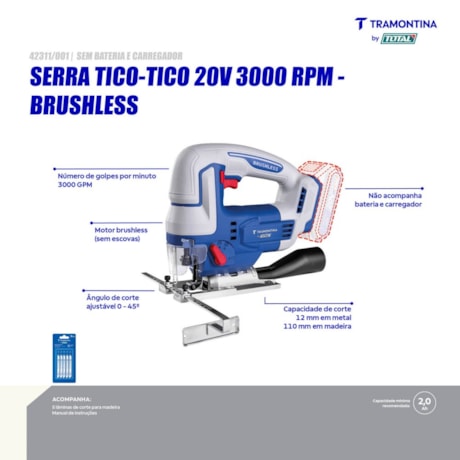 Serra Tico Tico 110mm 20V Sem Bateria Sem Carregador Brushless 42311/001 TRAMONTINA MASTER-520dad75-5bd7-4650-86a8-aab6828f61c2