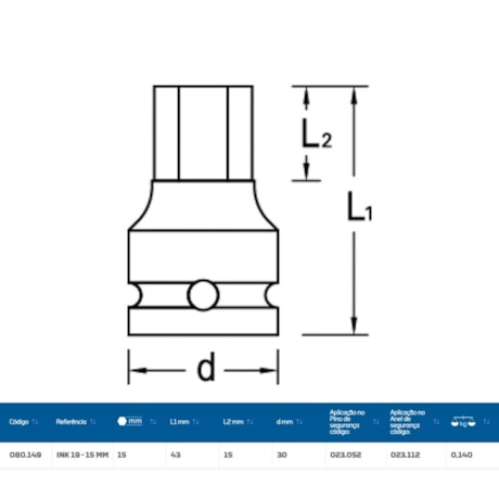 Soquete de Impacto Hexagonal 15mm Encaixe 1/2