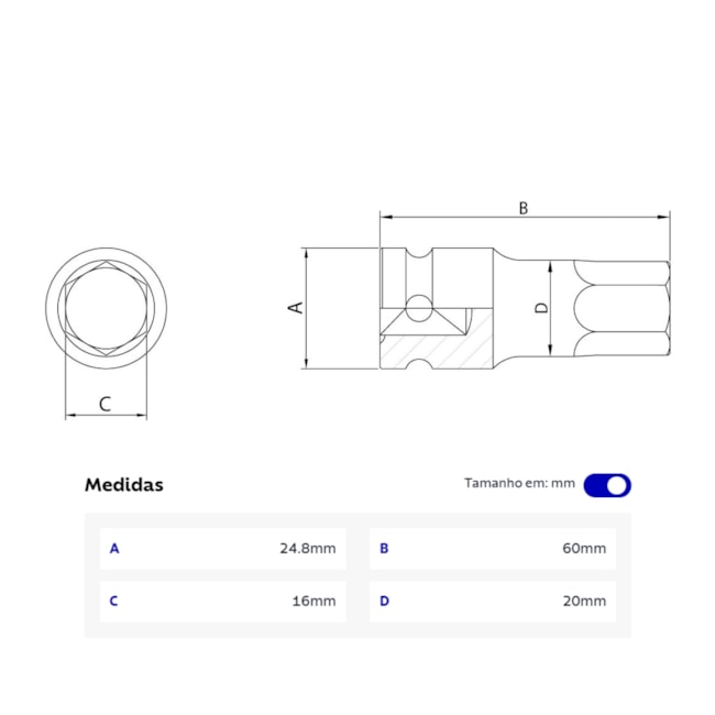 Soquete de Impacto Hexagonal 16mm Encaixe 1/2