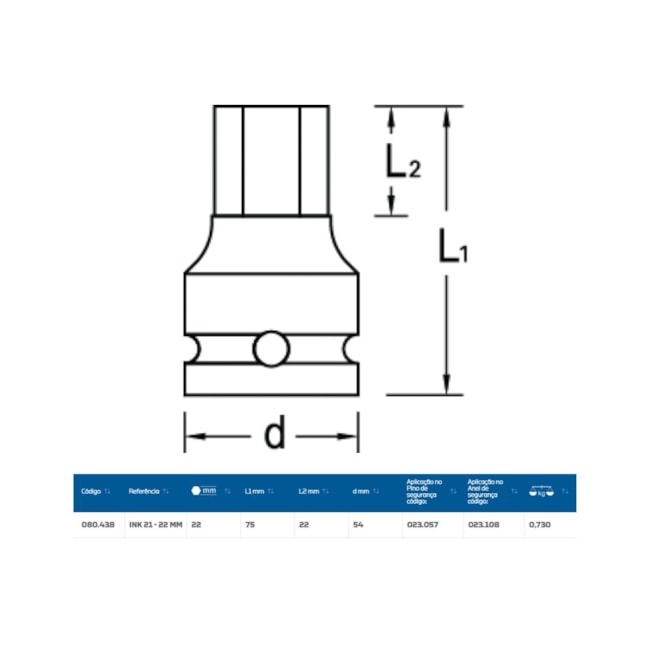 Soquete de Impacto Hexagonal 22mm Encaixe 1