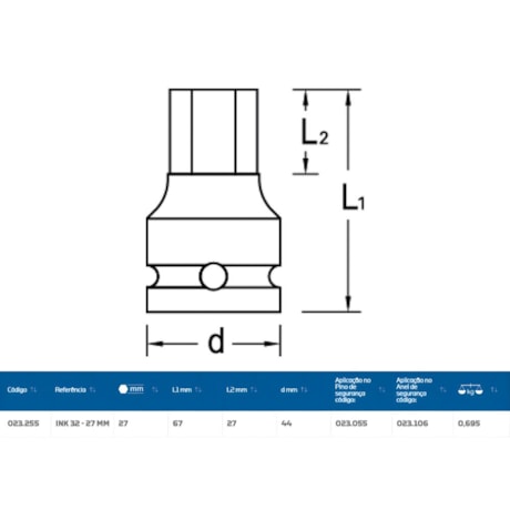 Soquete de Impacto Hexagonal 27mm Encaixe 3/4