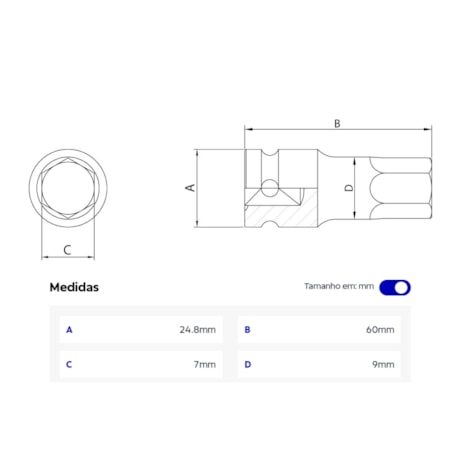 Soquete de Impacto Hexagonal 7mm Encaixe 1/2