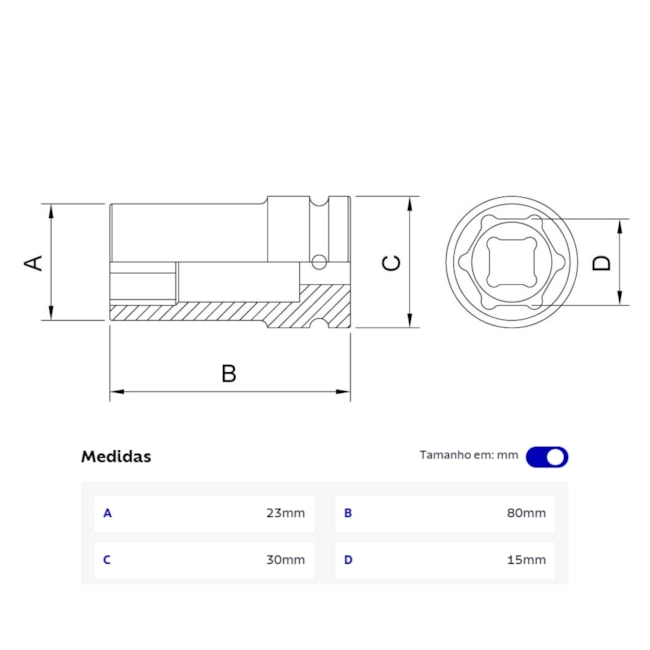 Soquete de Impacto Sextavado 15mm Longo Encaixe 1/2