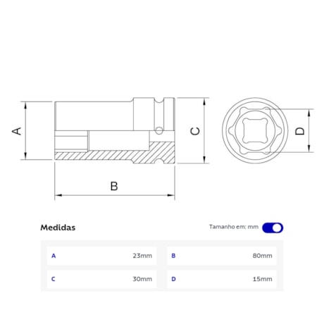 Soquete de Impacto Sextavado 15mm Longo Encaixe 1/2