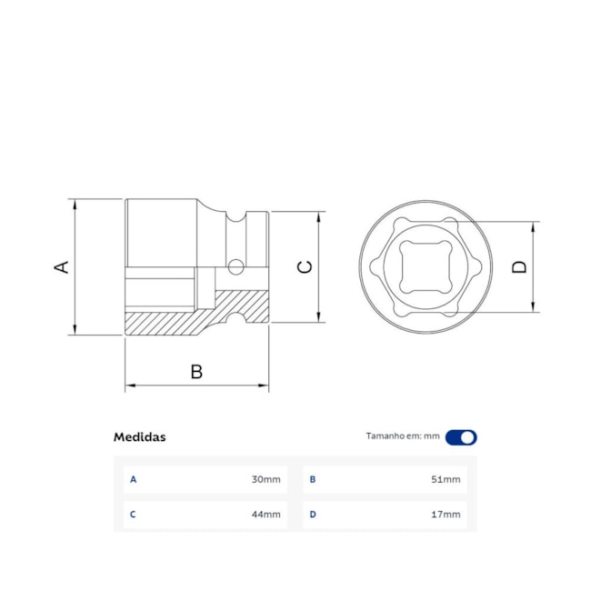 Soquete de Impacto Sextavado 17mm Encaixe 3/4