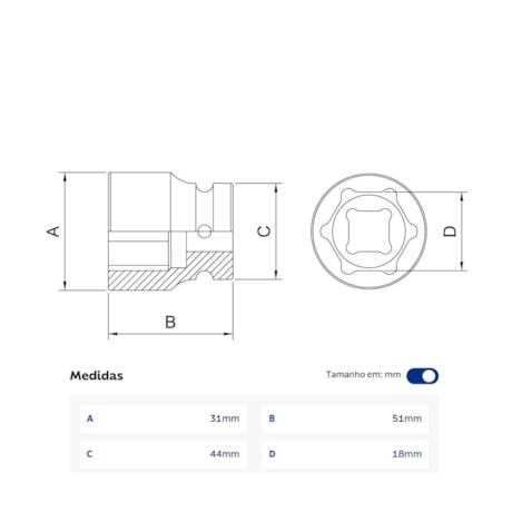 Soquete de Impacto Sextavado 18mm Encaixe 3/4