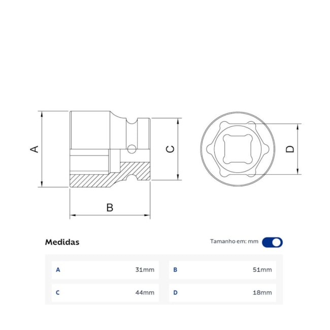 Soquete de Impacto Sextavado 18mm Encaixe 3/4