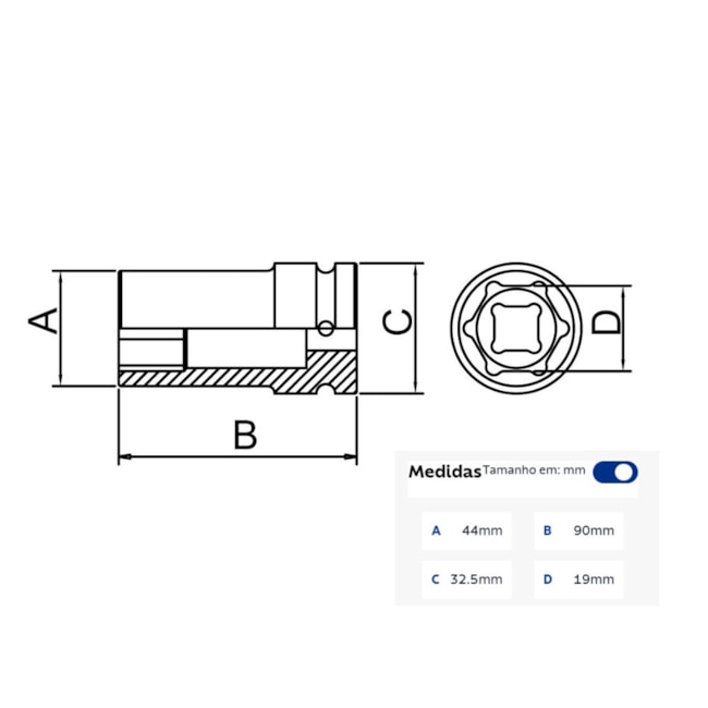 Soquete de Impacto Sextavado 19mm Longo Encaixe 3/4