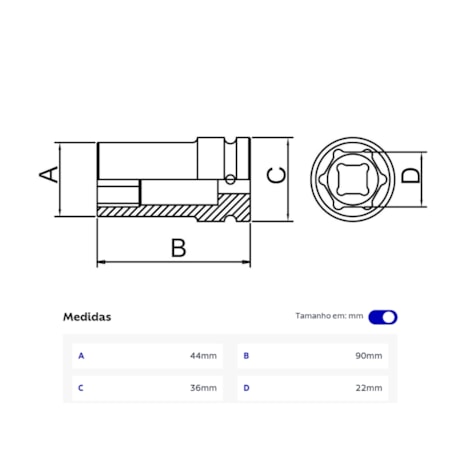 Soquete de Impacto Sextavado 22mm Longo Encaixe 3/4