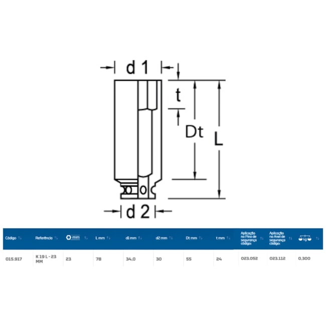Soquete de Impacto Sextavado 23mm Longo Encaixe 1/2