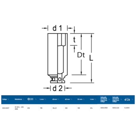 Soquete de Impacto Sextavado 23mm Longo Encaixe 1/2