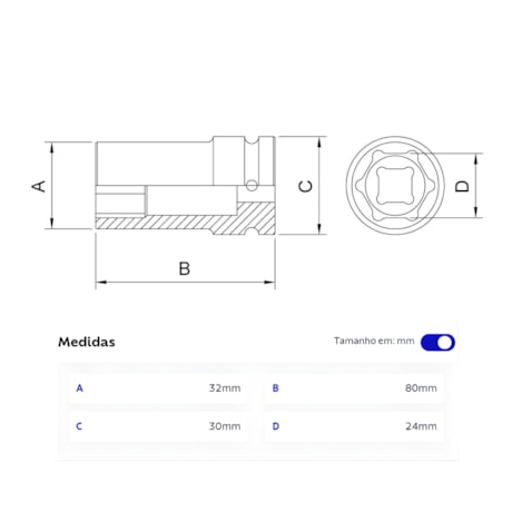 Soquete de Impacto Sextavado 24mm Longo Encaixe 1/2