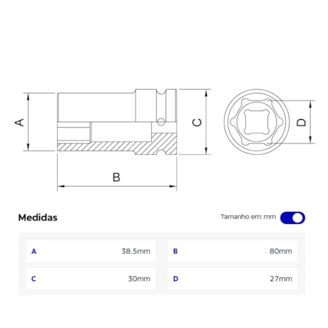 Soquete de Impacto Sextavado 27mm Longo Encaixe 1/2