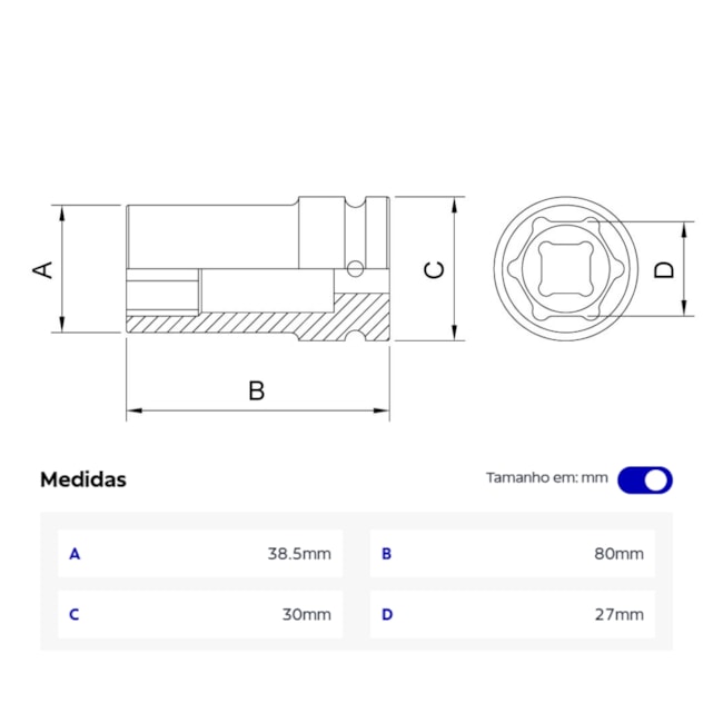 Soquete de Impacto Sextavado 27mm Longo Encaixe 1/2