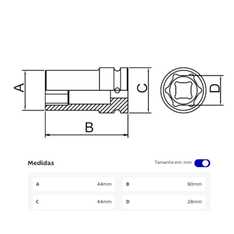 Soquete de Impacto Sextavado 28mm Longo Encaixe 3/4
